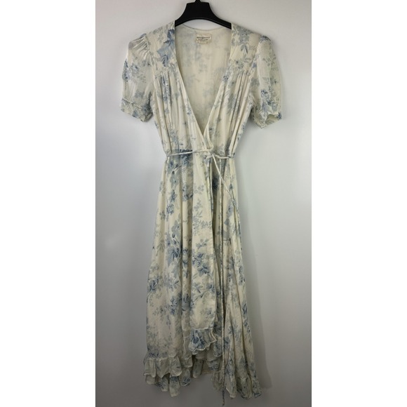 Ralph Lauren Denim & Supply Wrap Dress Blue Cream Floral Ruffle Cotton Large - Picture 2 of 15